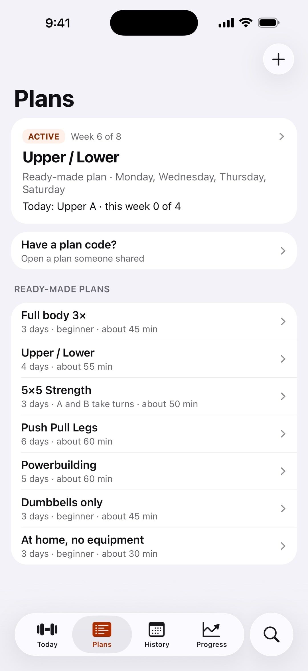 Plans in Batyr: the active Upper / Lower plan in week 6 of 8 and seven ready-made programs.