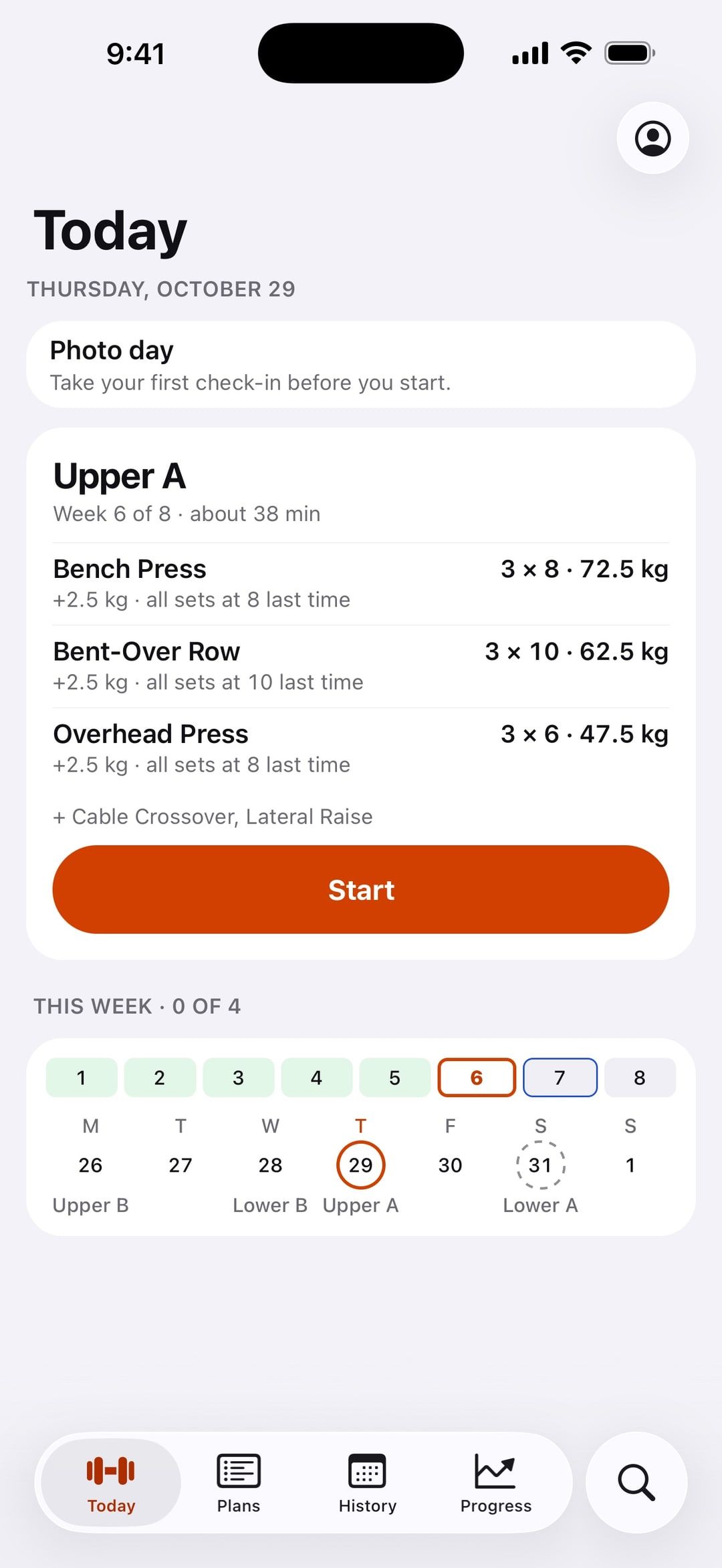Today in Batyr: week 6 of 8 of an Upper / Lower plan, each exercise with its next weight and why.